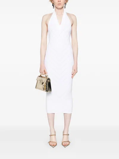 Balmain Halterneck Ribbed-knit Midi Dress In White