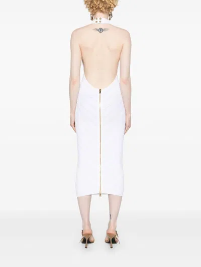 Balmain Halterneck Ribbed-knit Midi Dress In White