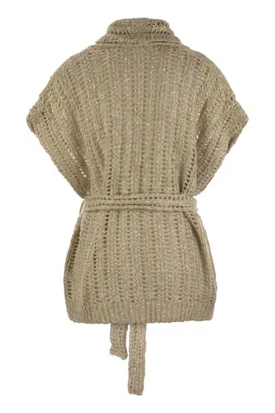 Brunello Cucinelli Dazzling Silk And Linen Perforated Rib Cardigan In Nude