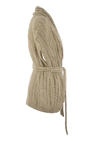 Brunello Cucinelli Dazzling Silk And Linen Perforated Rib Cardigan In Nude