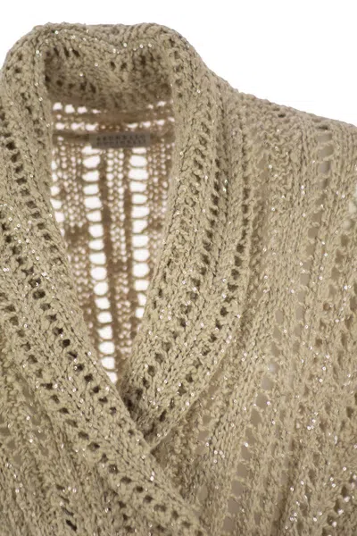 Brunello Cucinelli Dazzling Silk And Linen Perforated Rib Cardigan In Nude