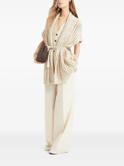 Brunello Cucinelli Dazzling Silk And Linen Perforated Rib Cardigan In Nude