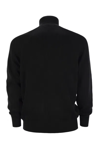 Brunello Cucinelli English Rib Cotton Sweater With Zip Opening And Raglan Sleeves In Black