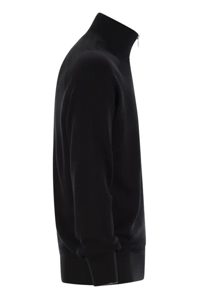 Brunello Cucinelli English Rib Cotton Sweater With Zip Opening And Raglan Sleeves In Black