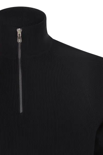 Brunello Cucinelli English Rib Cotton Sweater With Zip Opening And Raglan Sleeves In Black