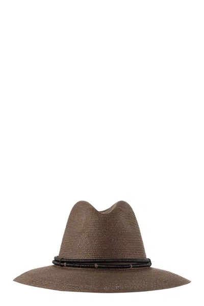 Brunello Cucinelli Fedora Made Of Hemp And Techno Cotton With Leather Band And Necklace