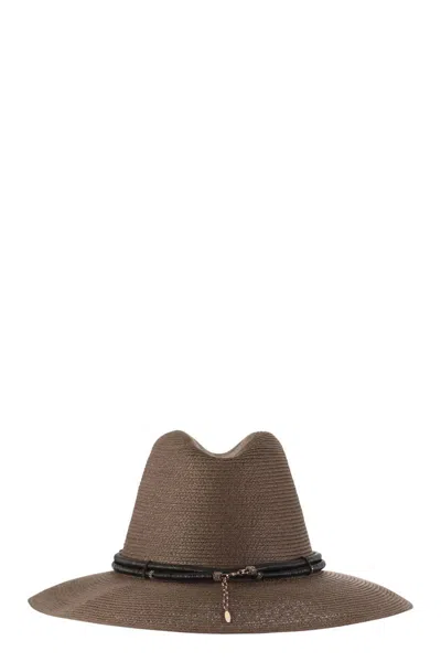 Brunello Cucinelli Fedora Made Of Hemp And Techno Cotton With Leather Band And Necklace