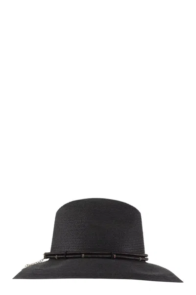 Brunello Cucinelli Fedora Made Of Hemp And Techno Cotton With Leather Band And Necklace