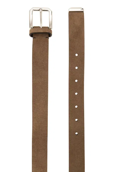 Brunello Cucinelli Men Inverted Leather Belt With Square Buckle And Toecap In Neutral