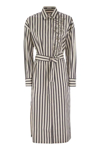 Brunello Cucinelli Regimental Cotton-silk Poplin Dress With Glistening Herbarium Embroidery