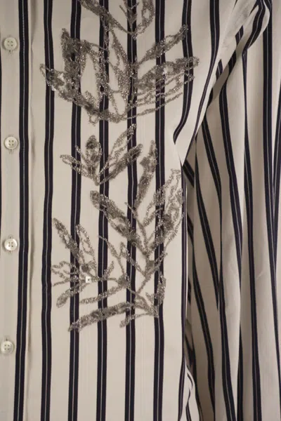 Brunello Cucinelli Regimental Cotton And Silk Poplin Shirt With Glistening Herbarium Embroidery