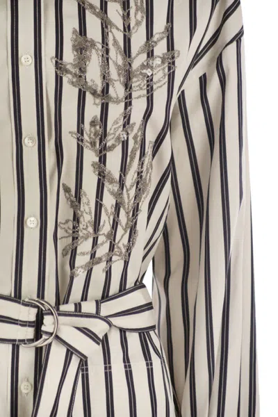 Brunello Cucinelli Regimental Cotton-silk Poplin Dress With Glistening Herbarium Embroidery