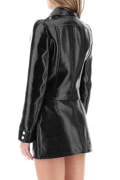 Courrèges Glossy Black Coat With High Collar And Logo Detailing In Green