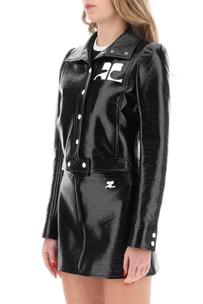 Courrèges Glossy Black Coat With High Collar And Logo Detailing In Green