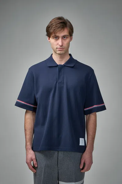 Thom Browne Navy Blue Polo Shirt With Tricolour Detail In Blue