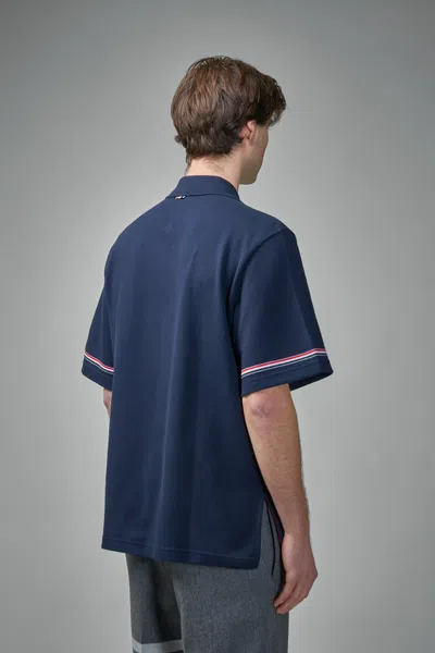 Thom Browne Navy Blue Polo Shirt With Tricolour Detail In Blue