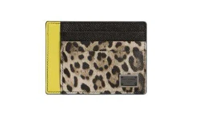 Dolce & Gabbana Leopard Print Card Holder With Logo Plaque And Yellow Accent