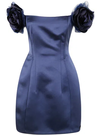 Elisabetta Franchi Mini Dress With Floral Embellishments And Off-the-shoulder Design In Blue