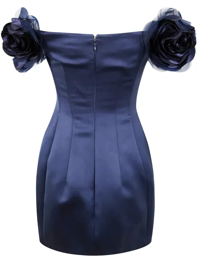 Elisabetta Franchi Mini Dress With Floral Embellishments And Off-the-shoulder Design In Blue