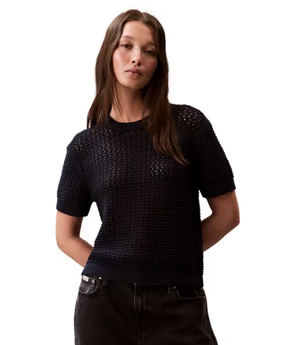 Calvin Klein Jeans Est.1978 Women's Cotton Open-stitch Short-sleeve Sweater