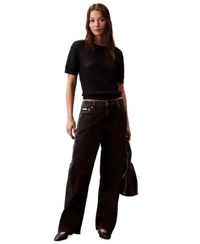 Calvin Klein Jeans Est.1978 Women's Cotton Open-stitch Short-sleeve Sweater
