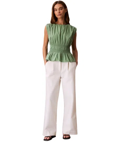 Calvin Klein Jeans Est.1978 Women's Ruched Cotton Poplin Top In Green