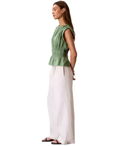 Calvin Klein Jeans Est.1978 Women's Ruched Cotton Poplin Top In Green