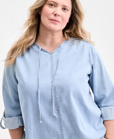 Style & Co Plus Size Denim Popover Top, Exclusively At Macy's In Blue