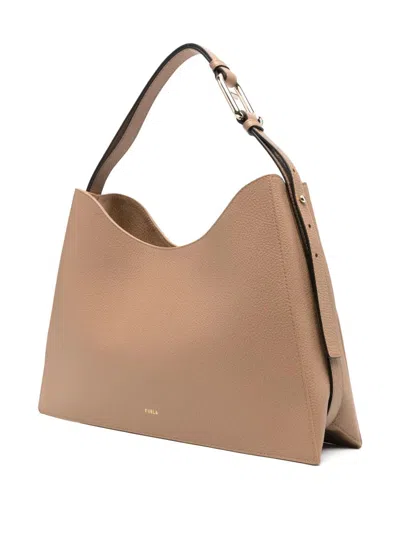 Furla Light Brown Textured Leather Shoulder Bag In Brown