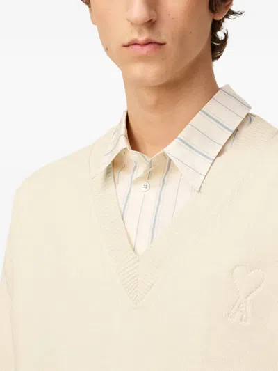 Ami Alexandre Mattiussi White Wool Ami De Coeur V Neck Sweater White In Neutral
