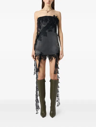 Blumarine Strapless Lace-trimmed Denim Dress In Black