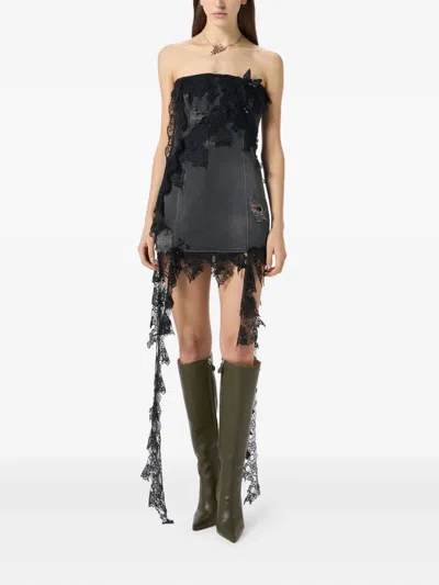 Blumarine Strapless Lace-trimmed Denim Dress In Black