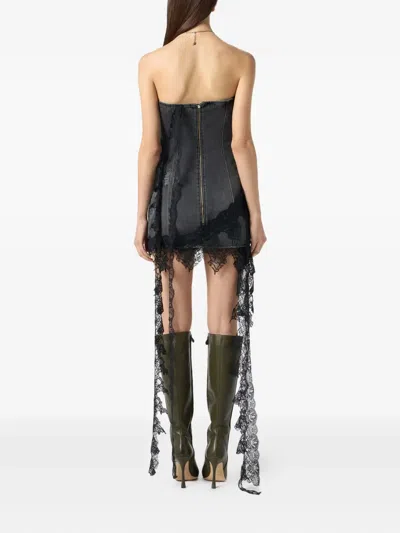 Blumarine Strapless Lace-trimmed Denim Dress In Black