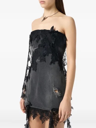 Blumarine Strapless Lace-trimmed Denim Dress In Black