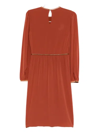 Pre-owned Prada Terracotta Leather Trim Long Sleeve Dress In Red