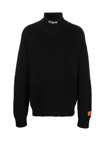 Heron Preston Black Turtleneck Pullover With Contrasting Logo Embroidery In Cotton Man In Black