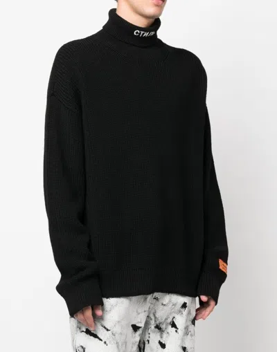 Heron Preston Black Turtleneck Pullover With Contrasting Logo Embroidery In Cotton Man In Black