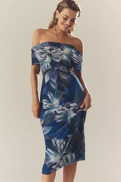 Afrm Zamora Off-the-shoulder Mesh Midi Dress In Blue