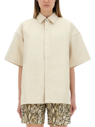 Jil Sander Relaxed Fit Beige Shirt With Logo Patch And Button Fastening In Neutral