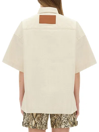 Jil Sander Relaxed Fit Beige Shirt With Logo Patch And Button Fastening In Neutral