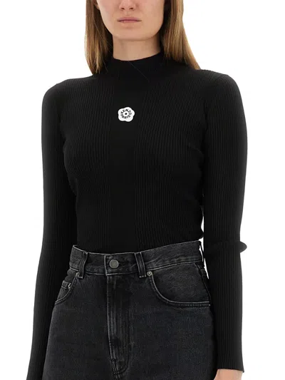 Kenzo Boke Flower High Neck Sweater With Contrasting Embroidery In Black