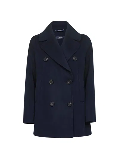 S Max Mara Blue Double Drap Caban Double-breasted Pea Coat