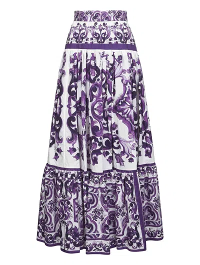 Dolce & Gabbana Violet Long Skirt With Ruffle Hem And All-over Floral Motif In Cotton Woman