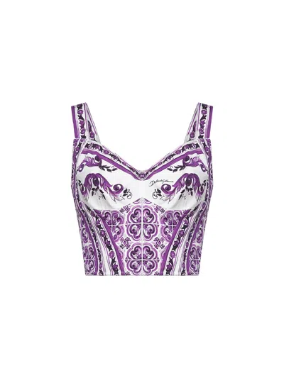 Dolce & Gabbana Violet Top With Sweetheart Neckline And All-over Graphic Print In Purple