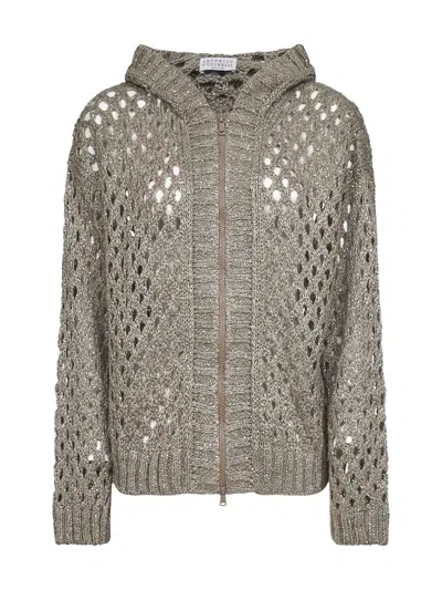 Brunello Cucinelli Clay Dazzling Net Hooded Zip-up Cardigan In Brown