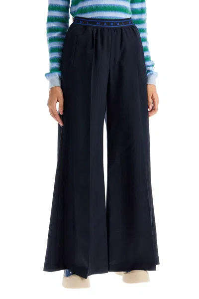 Marni Logo Elastic Waist Flared Wool Pants In Blue