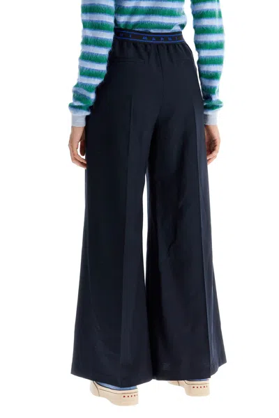 Marni Logo Elastic Waist Flared Wool Pants In Blue