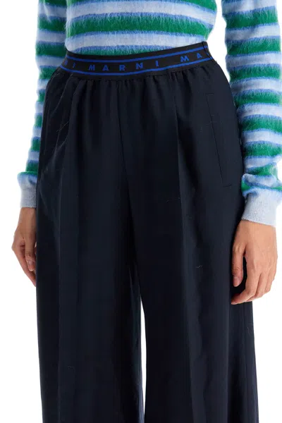 Marni Logo Elastic Waist Flared Wool Pants In Blue