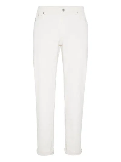 Brunello Cucinelli Straight Trousers With Belt Loops And Embroidered Detail In White