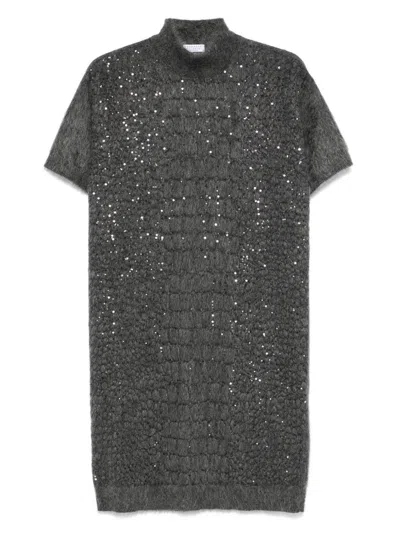Brunello Cucinelli Short Dress In Wool And Cashmere Blend Grey With Sequin Details